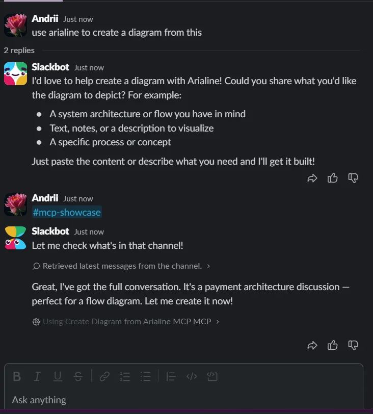 Slackbot reading a channel discussion and calling Arialine's create-diagram MCP tool